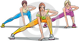 Three girl engaged in fitness club. Group classes. Stretching