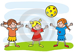 Three girls and ball, funny vector illustration, happy kids photo