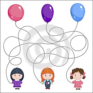 Three girls with balloons. Children`s picture with a riddle. Where is whose ball is?