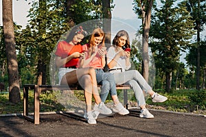 Three girls chatting with their smartphones at the park. Gen Z young girl friends using gadget and having fun outdoors photo