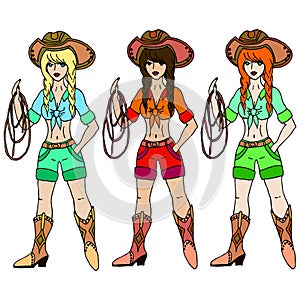 Three girls cowgirl with lasso. Vector illustration. Isolated on