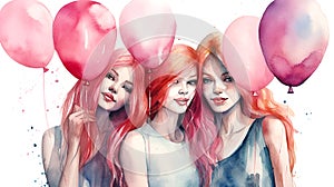 Three girls with pink balloons, happy children\'s day colorful illusstration generative ai