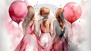 Three girls with pink balloons, happy children\'s day colorful illusstration generative ai