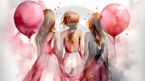 Three girls with pink balloons, happy children\'s day colorful illusstration generative ai photo