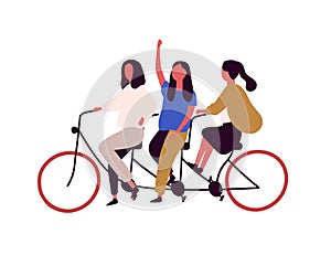 Three girls riding tandem bicycle flat vector illustration. Girlfriends cartoon characters at urban vehicle. Teamwork