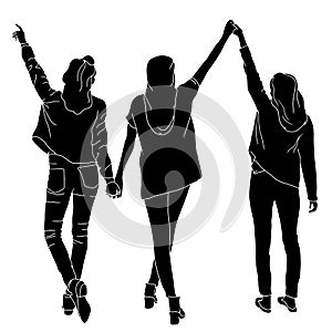 Three girls weaving their hands in the air, the silhouette of people for friendship day. hand-drawn character illustration of