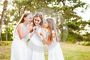 Three girls in white dresses walk in nature in the summer. Children`s pastime during the summer holidays.