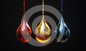 Three glass balls with different colors hanging from a string
