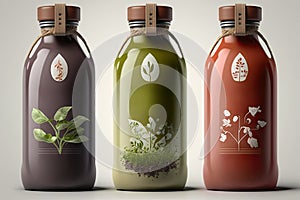 Three glass bottles with green and brown leaves on gray background