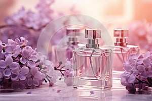 Three glass bottles of perfume surrounded by violet flowers on a light blurred background