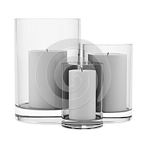 Three glass candlesticks with candles isolated on white