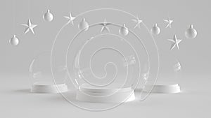 Three Glass dome with white tray on white background with hanging white balls and stars ornaments.