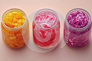 Three Glass Jars of Fermented Vegetables on Neutral Background photo