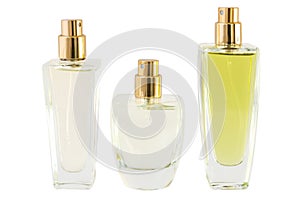 Three glass perfume bottle on white background