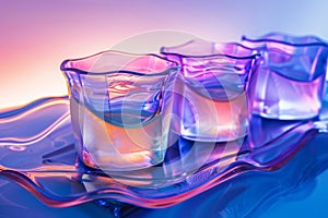 Three glass tumblers with cool blue and purple spectral hues, mirrored on a reflective surface for an artistic and vibrant visual photo