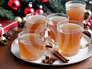 Three Glasses Of Apple Cid On A Plate With Cinnamons And Christmas Decorations. Generative AI