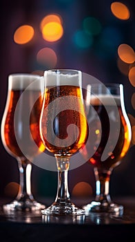 Three glasses of beer with blurred background