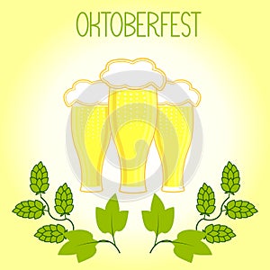 Three glasses of beer and hops branch, Oktoberfest