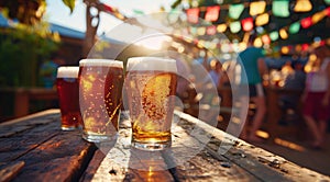 Three Glasses of Beer on a Wooden Table