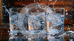 Three glasses of clear water with bubbles standing on the table
