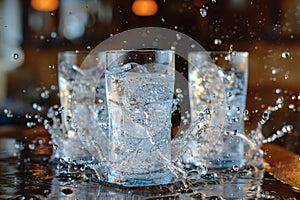 Three glasses of clear water with bubbles standing on the table