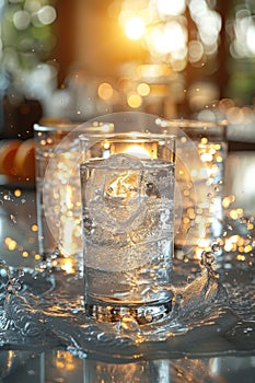 Three glasses of clear water with bubbles standing on the table