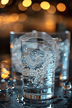 Three glasses of clear water with bubbles standing on the table