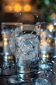 Three glasses of clear water with bubbles standing on the table