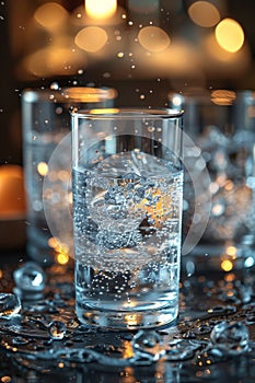 Three glasses of clear water with bubbles standing on the table