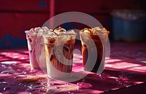 three glasses of coffees in a pink background