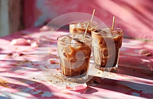 three glasses of coffees in a pink background