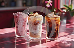 three glasses of coffees in a pink background