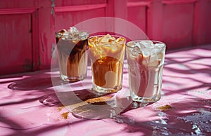 three glasses of coffees in a pink background