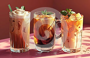 three glasses of coffees in a pink background