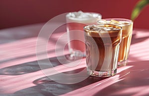 three glasses of coffees in a pink background photo