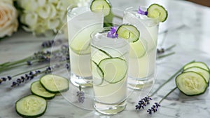 Three Glasses of Cucumber Water on Marble Table