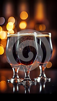 Three glasses of dark beer with blurred background