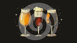 Three glasses of different beer on a black background with bubbles and stars