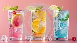Three glasses of different colored drinks with ice cubes and fruit, AI