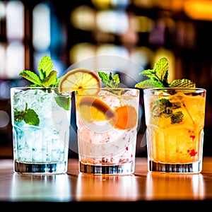 Three glasses of different colored drinks with ice and lemon slices