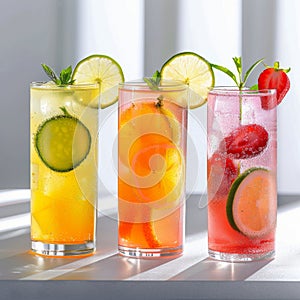 Three Glasses Filled With Different Types of Drinks