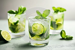 Refreshing mojitos with fresh lime and mint served on a light surface