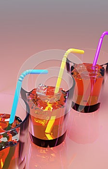 Three glasses of fresh juice or cocktail with alcohol with ice cubes cocktail sticks