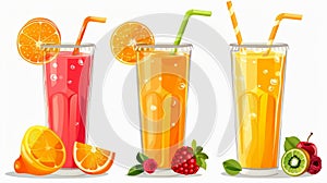 Three glasses of fresh juice with orange, lemon, and grapefruit slices on white background.