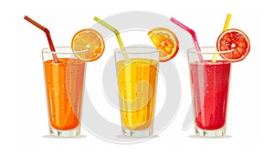 Three glasses of fresh juice with orange, lemon, and grapefruit slices on white background