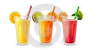 Three glasses of fresh juice with orange, lemon, and grapefruit slices on white background.