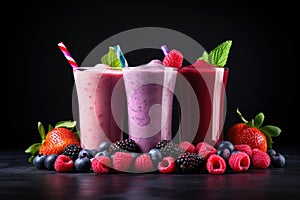 Three glasses of fruit smoothies with berries and mint on a black background.