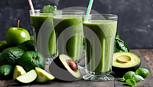 Three glasses of green smoothie with avocado and lime