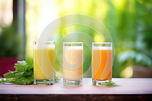 three glasses, incremental juice fill, greenery background