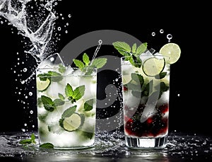 Three glasses of mojito cocktails with ice and mint leaves.
